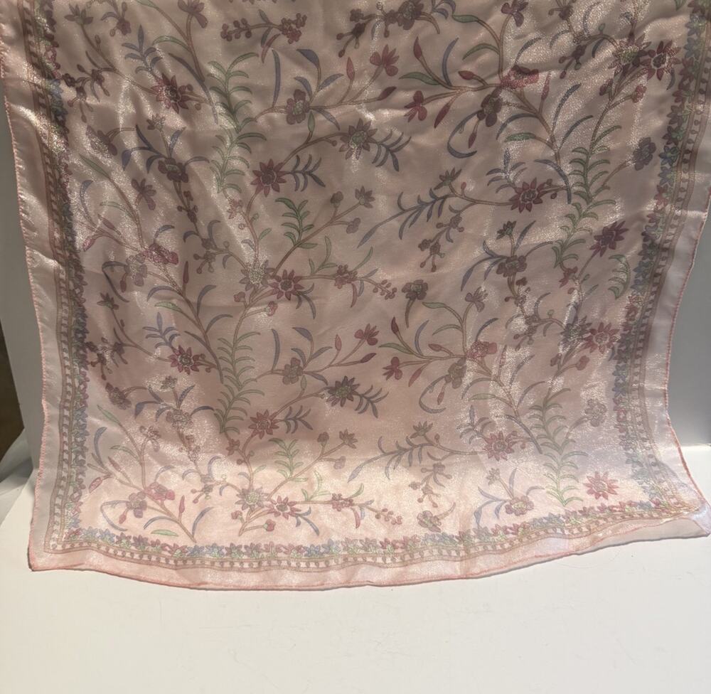 VTG Kathie Lee Collection Pastel Floral Shimmer Square Scarf Sheer Pink Y2K